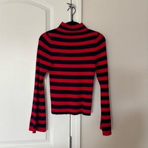 Anthropologie Mock Neck Red and Navy Striped Long Sleeve sweater